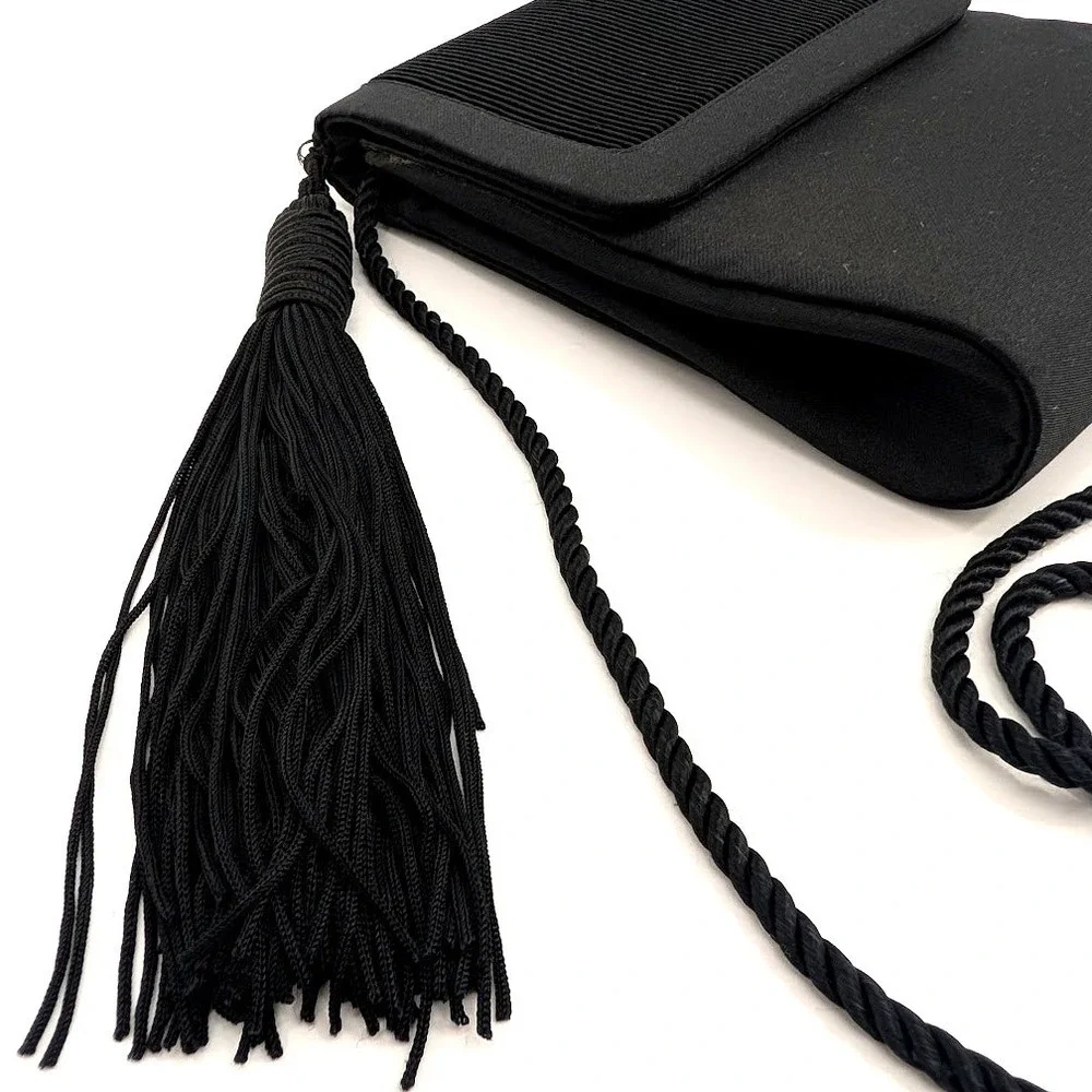Lord & Taylor Vintage Black Satin Evening Bag Pleated Tassel Crossbody Clutch - Picture 4 of 12